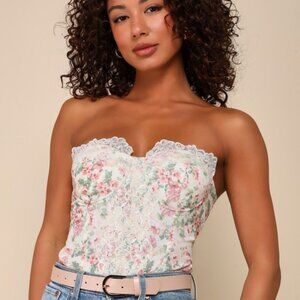 Lulus Flirtatious Flowers Cream Floral Lace Strapless Bustier Bodysuit White
